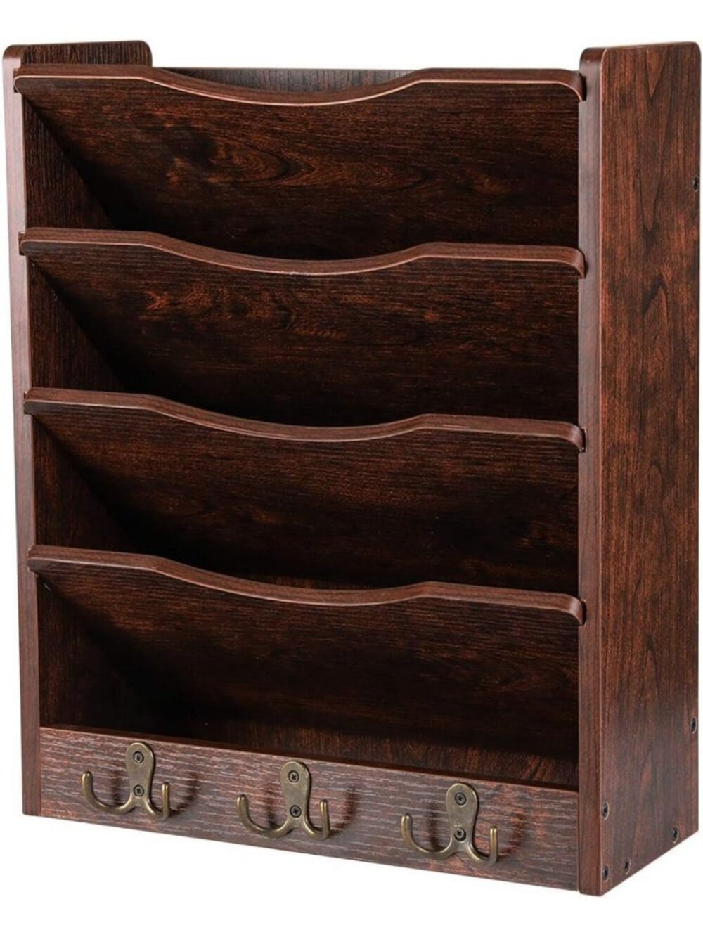 5-Tier Wall File Holder & Mail Organizer with Hooks - Rustic Wood Design